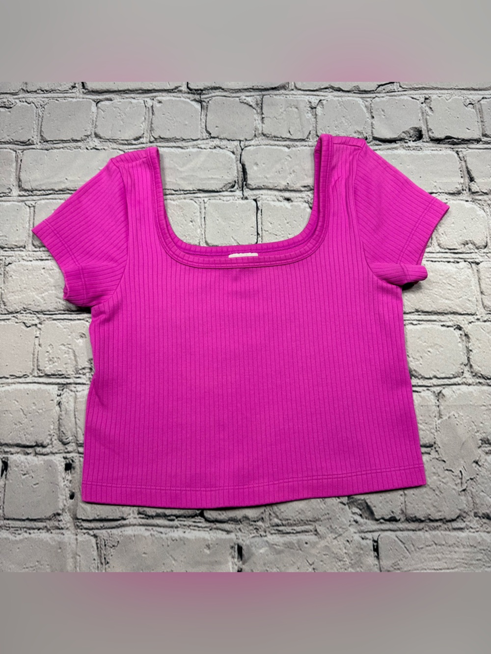 PINK Victoria’s Secret Hot Pink Square Neck Ribbed Crop Short Sleeve Top Size XS